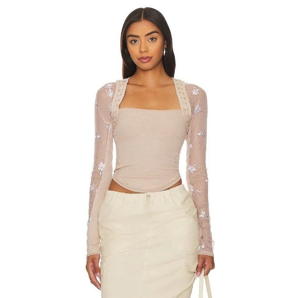 Free People Jolie Beige Top Lace Embroidered Floral Sz XS Coquette Balletcore